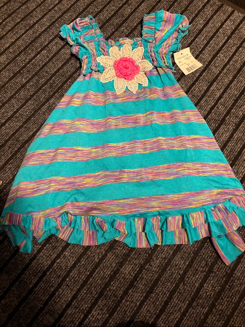 Girls' Turquoise Striped Sundress with Crochet Flower Accent